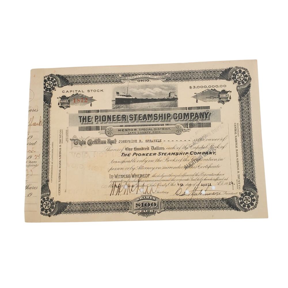 Original Pioneer Steamship Company Stock Certificate Lake County OH Great Lakes